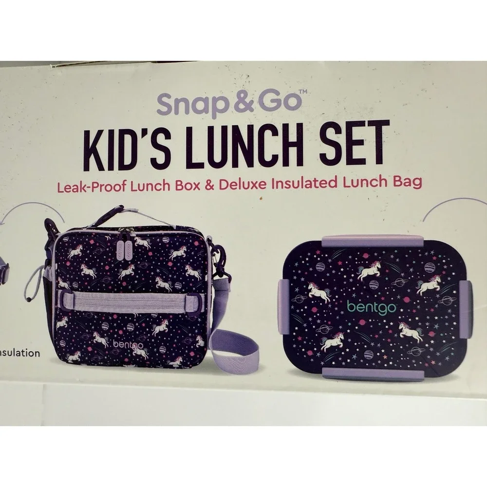 Bentgo Kids Lunch box Set Kids Purple New Unicorn Galaxy Snap & Go 2-Piece Set